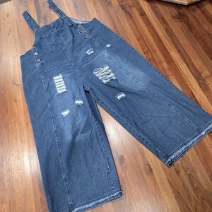 Oversized Distressed Blue Denim Overalls, Adjustable Straps TikTok Size XXL